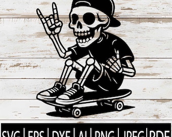 May include: Black and white illustration of a skeleton wearing a baseball cap and sitting on a skateboard, making a rock and roll hand gesture. The image includes file type icons: SVG, EPS, DXF, AI, PNG, JPEG, and PDF.