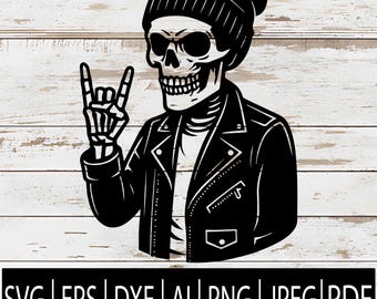 Punk Skeleton Rock and Roll SVG | Skeleton with Rock Gesture | Punk Rock Skull Clipart for Cricut Sub Laser CNC | Svg Png Jpg Dxf Pdf Ai Eps