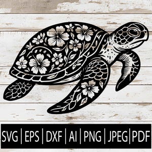 May include: Black and white sea turtle design with floral patterns on its shell. The image includes the file format options: SVG, EPS, DXF, AI, PNG, JPEG, and PDF. The turtle is set against a white wooden background.