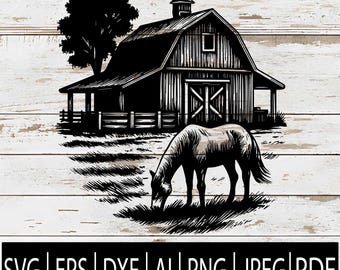 May include: Black and white illustration of a barn with a horse grazing in a field. The barn has a detailed design, and the horse is depicted in a natural pose. The image includes the text "SVG | EPS | DXF | AI | PNG | JPEG | PDF".