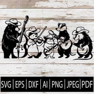 May include: Black and white illustration of a band of animals playing instruments. A bear plays a double bass, a koala plays the violin, a badger plays the guitar, and a rat plays the banjo. The image includes the text "SVG | EPS | DXF | AI | PNG | JPEG | PDF".