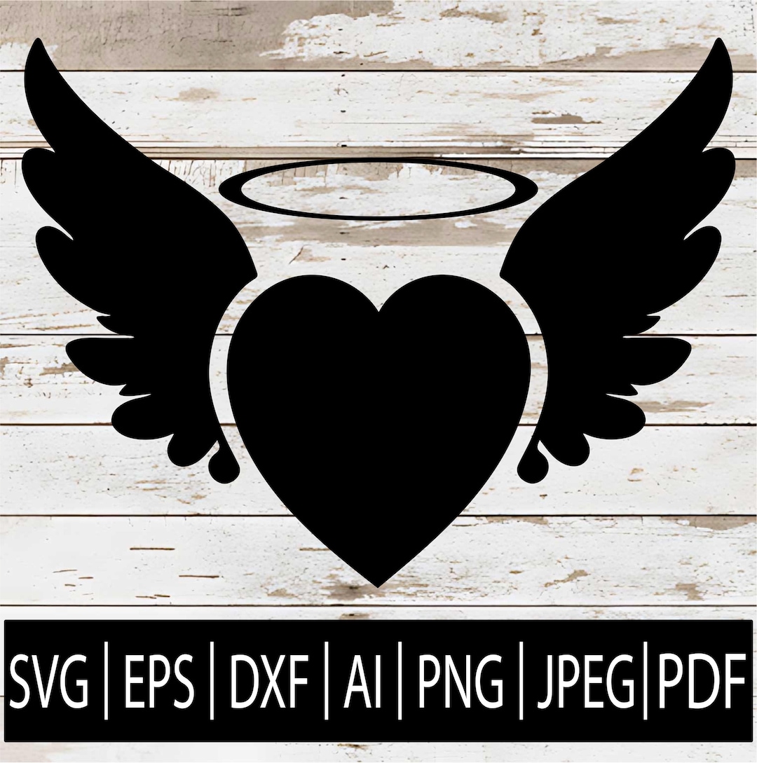 Angel Wings With Heart and Halo SVG | Memorial Heart Wings Vector Angel ...