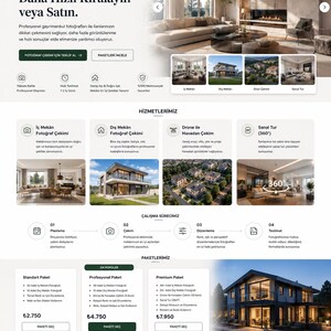 May include: A website landing page for Properti Shot featuring professional real estate photography services. The layout includes sections for services like interior, exterior, drone, and 360-degree virtual tours, along with pricing packages and contact info.