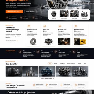 Pode incluir: Uma página de destino de site para a IndusFoto com serviços de fotografia industrial. O layout exibe texto em turco, vários ícones e múltiplas fotografias de peças mecânicas como engrenagens, brocas e máquinas em um tema escuro.