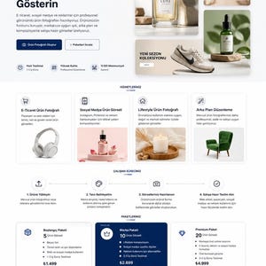 Op de afbeelding: Een website-landingspagina voor StudioPro met een koptekst met navigatie, een heldensectie met voorbeelden van productfotografie, waaronder een parfumflesje, handtas, sneaker en druppelflesje, gevolgd door servicebeschrijvingen en prijzen.