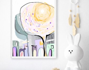 Nursery Wall Art Printable, Pastel Kids Room Decor, Abstract Baby Room Art, Soft Color Illustration, Minimal Scandinavian Nursery Print