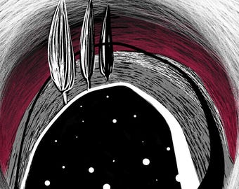 Abstract Night Landscape Print, Minimalist Black White Red Art (2:3 Ratio)