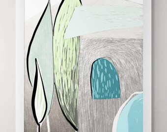 Abstract Village Print, Neutral Pastel Nursery Art, Minimal Houses Illustration (Digital Download)