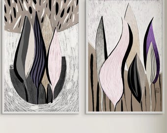 Neutral Botanical Abstract Art Set – Hand-Painted Silhouette Diptych (Digital Download)