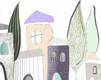 Whimsical Village Print, Pastel Houses, Abstract Landscape, Nursery Wall Art (Digital Download)
