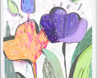 Colorful Abstract Flower Wall Art Printable, Modern Purple Orange Floral Print, Botanical Digital Download