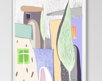 Pastel Village Houses Nursery Art Print, Whimsical Storybook City Illustration (Digital Download)