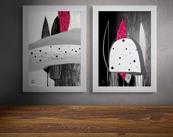 Abstracte kunstafdrukken: modern zwart-wit-rood tweeluik (digitale download)