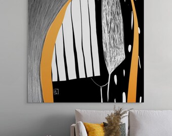 May include: Abstract art print featuring a black and white design with an orange arch and vertical white lines. The artwork has a minimalist style and is displayed on a wall above a gray sofa with yellow and gray pillows. The room has wooden floors and small side tables.