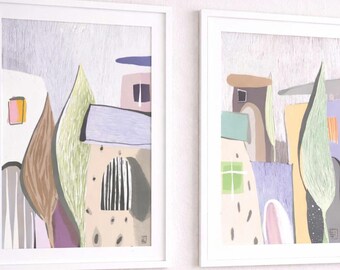 Abstract Houses Nursery Prints, Neutral Pastel Village Art (Digital Download)