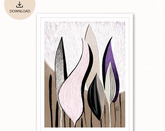 Hand Drawn Botanical Print, Neutral Abstract Plant Art (Digital Download)
