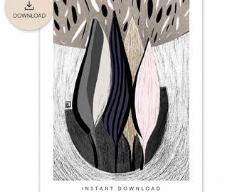 Abstrakcyjny wydruk botaniczny, beżowa lawenda, nowoczesny plakat organiczny (do pobrania cyfrowego)