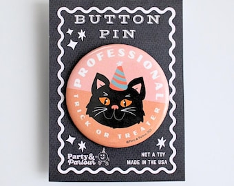 Party & Parlour Retro Halloween Trick or Treater Button Pin Badge Black Cat Party Favor Kids Accessory Gift Made In The USA 2.25"