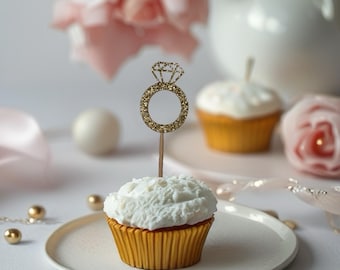 Decorazioni per cupcake a forma di anello di diamanti con glitter dorati – Decorazioni per addio al nubilato (set da 12)