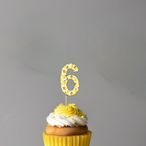 May include: A yellow cupcake with white and yellow frosting, topped with a number 6 cake topper. The number 6 is decorated with a lemon pattern. The cupcake sits on a white cake stand against a gray background.