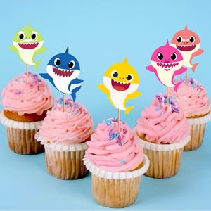 Baby Shark Cupcake Toppers, Party Decoration, Kids Birthday, Cake Decorations, Baby Shark Theme, Shark double sided Party Supplies set