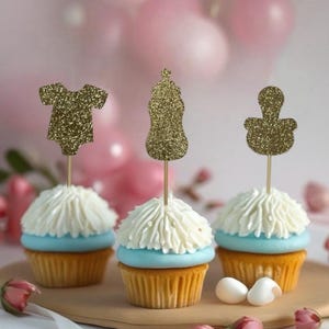 Baby Shower Double Sided Cupcake Toppers- Glitter, Gold, Pink and Blue- Onsie, Bottle, Pacifier, Gender Reveal Party Decor - Set of 12