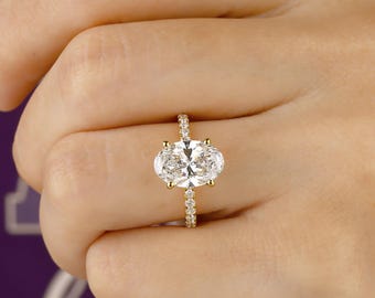 3 Karat ovaler Diamantring: 14k Gold Hidden Halo Verlobungsring