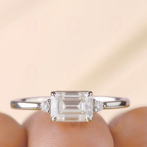 0.98 CT Lab-Grown Emerald Cut Diamond Engagement Ring | Three Stone Engagement Ring | 14K Gold Modern Proposal Ring