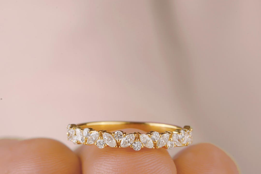 14k Marquise & Round Cut Lab Grown Diamond Ring, Stackable Wedding Band ...