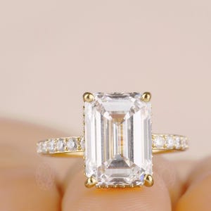 5.22 CT Emerald Cut Hidden Halo Moissanite Engagement Ring, Emerald Engagement Ring, Large Stone Ring, Promise Ring