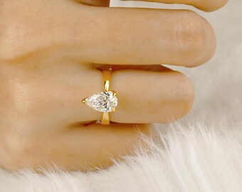 Anillo de compromiso con diamantes cultivados en laboratorio de 1,5 quilates en forma de pera: solitario de oro de 14 k