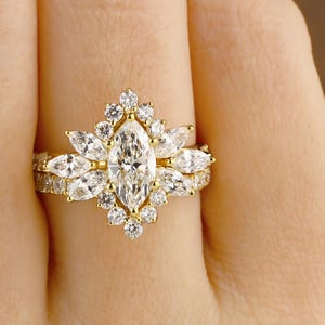 3.0 CTW Cluster Halo Engagement Ring with Matching Wedding Band | 14k Yellow Gold Marquise Cut Lab Grown Diamond Bridal Set | Bridal Set