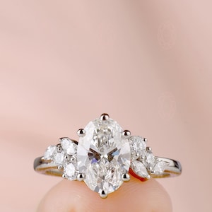 Oval Shaped Lab Grown Diamond Ring, Certified 1.52 CT Oval Cut Lab Created Diamond, Oval Cluster Engagement Ring, Wedding Ring for Her