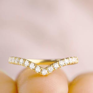 Dainty V Shaped Lab Diamond Wedding Band | Round Diamond Wedding Band | Stackable Contour Band | Matching Band for Engagement Ring