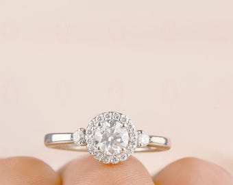 Lab-Grown Diamond Halo Engagement Ring: 14K Gold Three Stone Ring