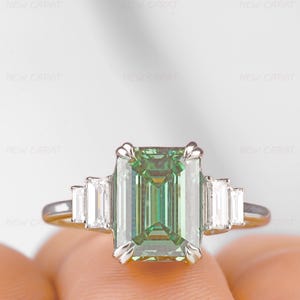 3.03 CT Green Emerald Cut Moissanite Engagement Ring | Emerald Diamond Engagement Ring | Unique Gemstone Engagement Ring