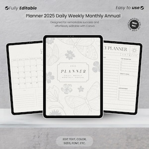 BUNDLE Planner 2025 Personalizzabile CANVA 62 Pagine: Giornaliero, Settimanale, Mensile & Annuale Organizzazione Efficienza