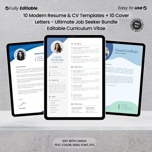 Paquete Definitivo de Plantillas de CV Modernas: 10 Currículums + 10 Cartas de Presentación Editables - Perfecto para Cazadores de Empleo