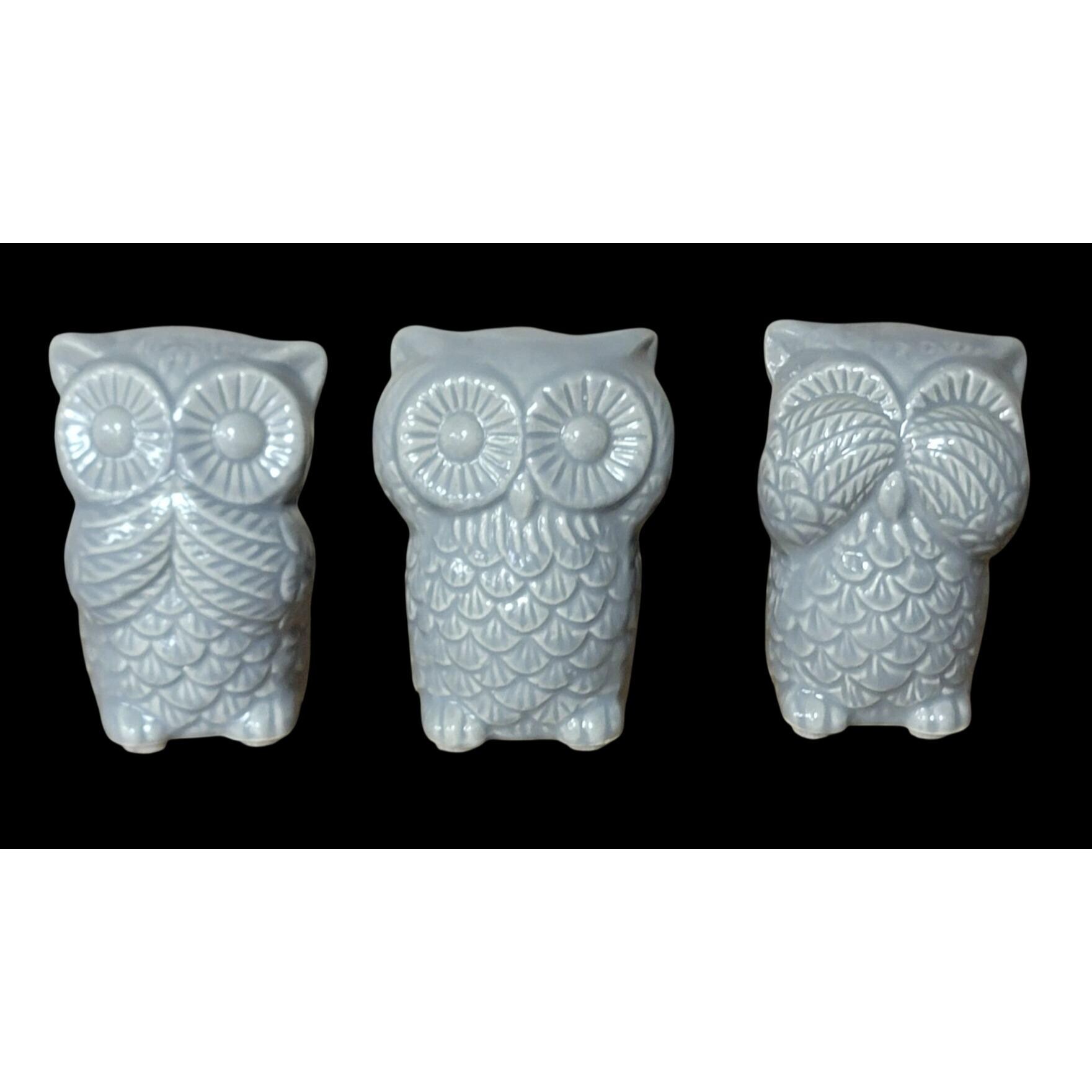Vintage Ceramic Owl Figurines, Gray Glazed, Set of 3