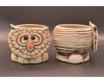 Ceramic Owl Planter Pair Handcrafted Vintage Look