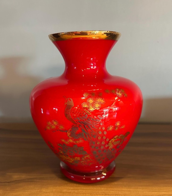 Vintage glass Enesco Japan Asian vase with peacock