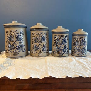 Vintage Beaumont Brothers cobalt blue Pennsylvania Dutch stoneware canister set