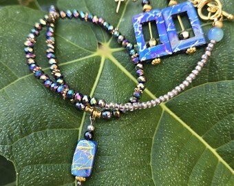 Luminous Necklace & Hypoallergenic Dangle Earrings Set: Lightweight, Mermaid Blue One-of-a-kind Beaded Jewelry