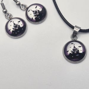 Halloween set, haunted house pendant and dangling earrings, stainless steel, spooky jewelry set