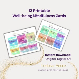 Tarjetas de atención plena imprimibles, colores del cielo, notas de bienestar, hábitos motivacionales mensuales, diseño único, afirmaciones artísticas