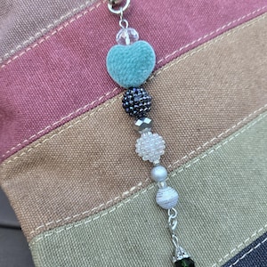 Adjustable purse charm, velvet teal heart, silver tone heart clasp, removable charm, zipper key-chain accessory, Christmas heart gift