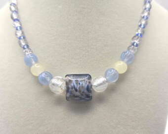 Lampworked Gold Foil Glass Beaded Choker: One-of-a-kind Luminous Aqua Necklace,  14 inch