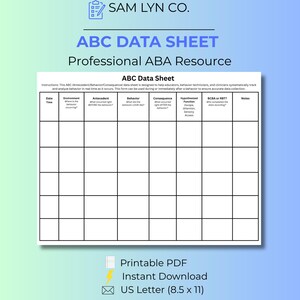 May include: A white ABC Data Sheet for professional ABA use by Sam Lyn Co. The document features a grid with columns for Date Time, Environment, Antecedent, Behavior, Consequence, Hypothesized Function, BCBA or RBT, and Notes. Size is 8.5 x 11 inches.