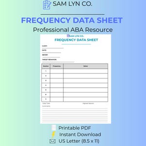以下が含まれることがあります： Sam Lyn Co.による専門的なABA用の白い頻度データシート。クライアント、日付、RBT/BT、ターゲット行動の記入欄があり、その後に7つのセッション行、頻度列、メモ欄、コメントセクションを含む表が記載されています。