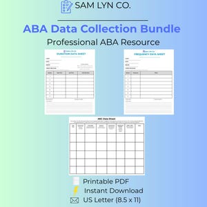 以下が含まれることがあります： Sam Lyn Co.によるABAデータ収集バンドル。印刷可能な3つのPDFリソース（期間データシート、頻度データシート、ABCデータシート）が含まれています。各ドキュメントは、21.59 x 27.94 cmのUSレターサイズ用紙用にフォーマットされています。